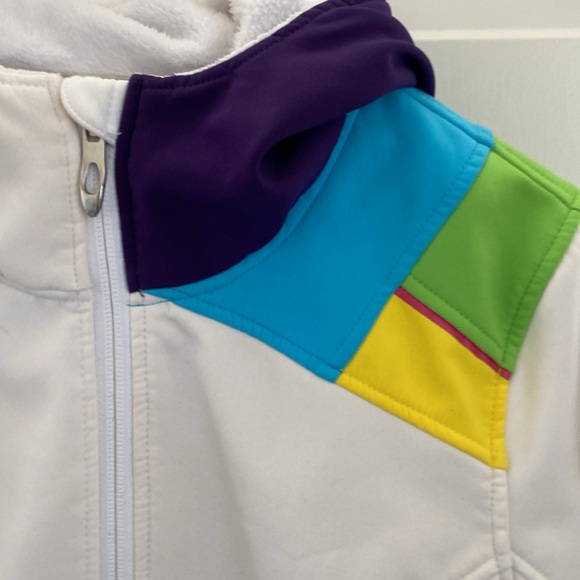 Spyder Women’s White Soft Shell Fleece Lined Jacket with Colorblock Hood. Medium - Picture 4 of 14